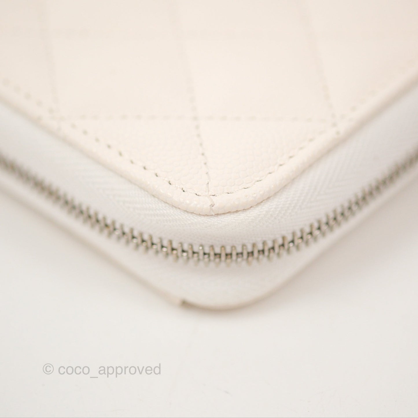 Chanel Quilted Zip Long Wallet White Caviar Silver Hardware