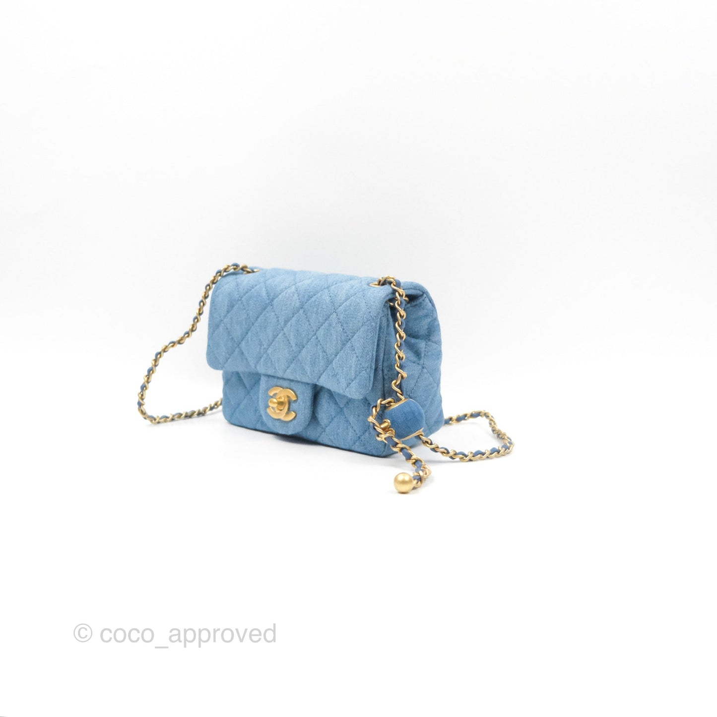Chanel Mini Square Pearl Crush Quilted Denim Aged Gold Hardware