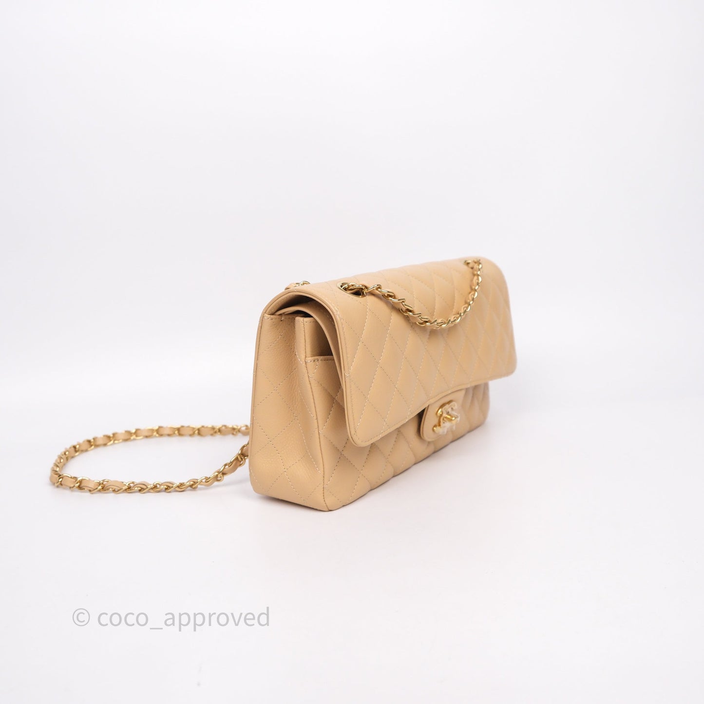 Chanel Classic M/L Medium Flap Quilted Beige Caviar Gold Hardware
