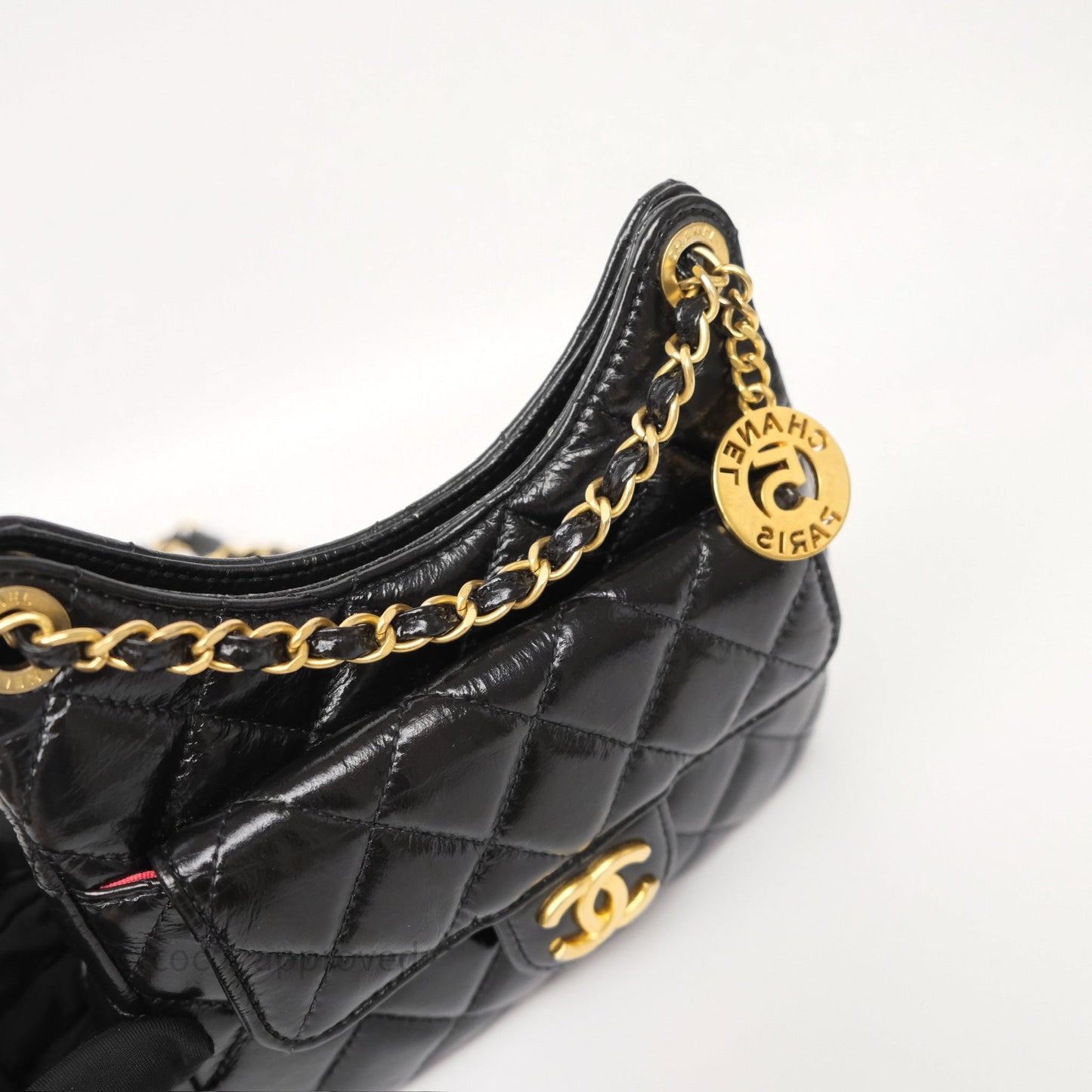 Chanel Small Hobo Black Shiny Crumpled Calfskin Aged Gold Hardware 23C