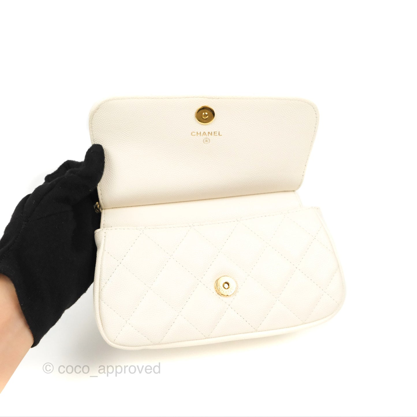 Chanel Clutch with Chain Ivory White Caviar Gold Hardware 22K