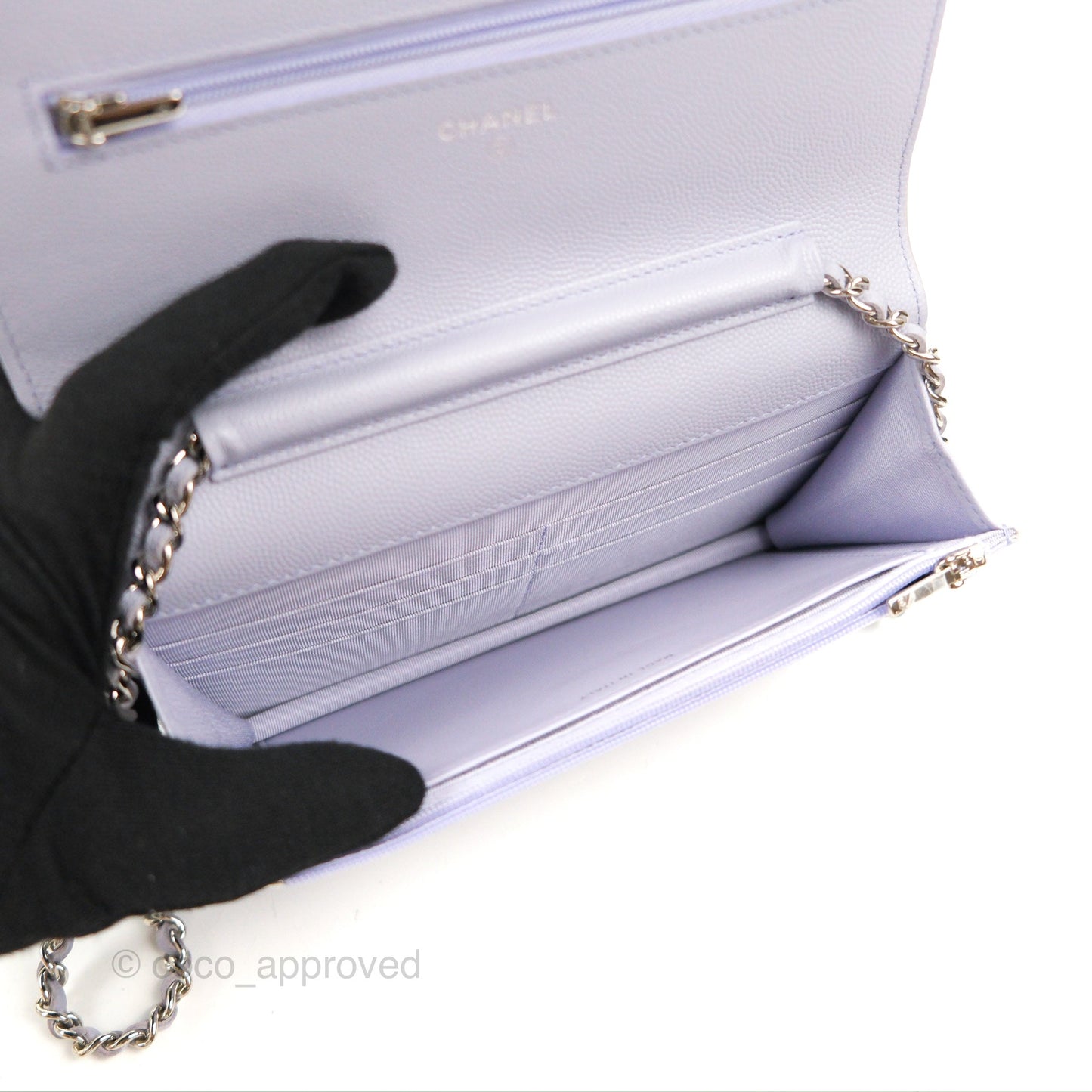 Chanel Quilted Classic Wallet on Chain WOC Lilac Caviar Silver Hardware