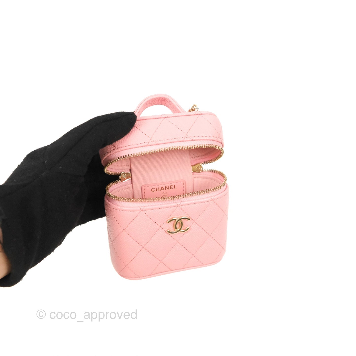 Chanel Quilted Small Handle With Care Vanity Case With Chain Pink Caviar Gold Hardware