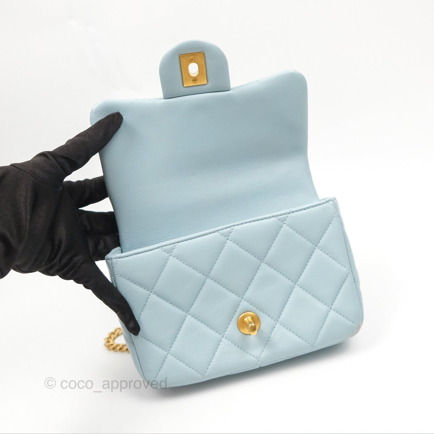 Chanel Quilted Enamel Pending CC Mini Square Flap Baby Blue Lambskin 22P