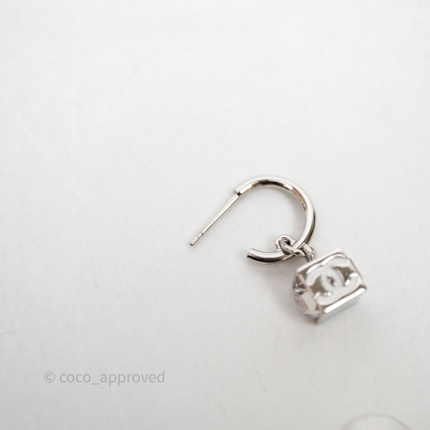 Chanel CC Crystal Square Drop Earrings Silver Tone 25C