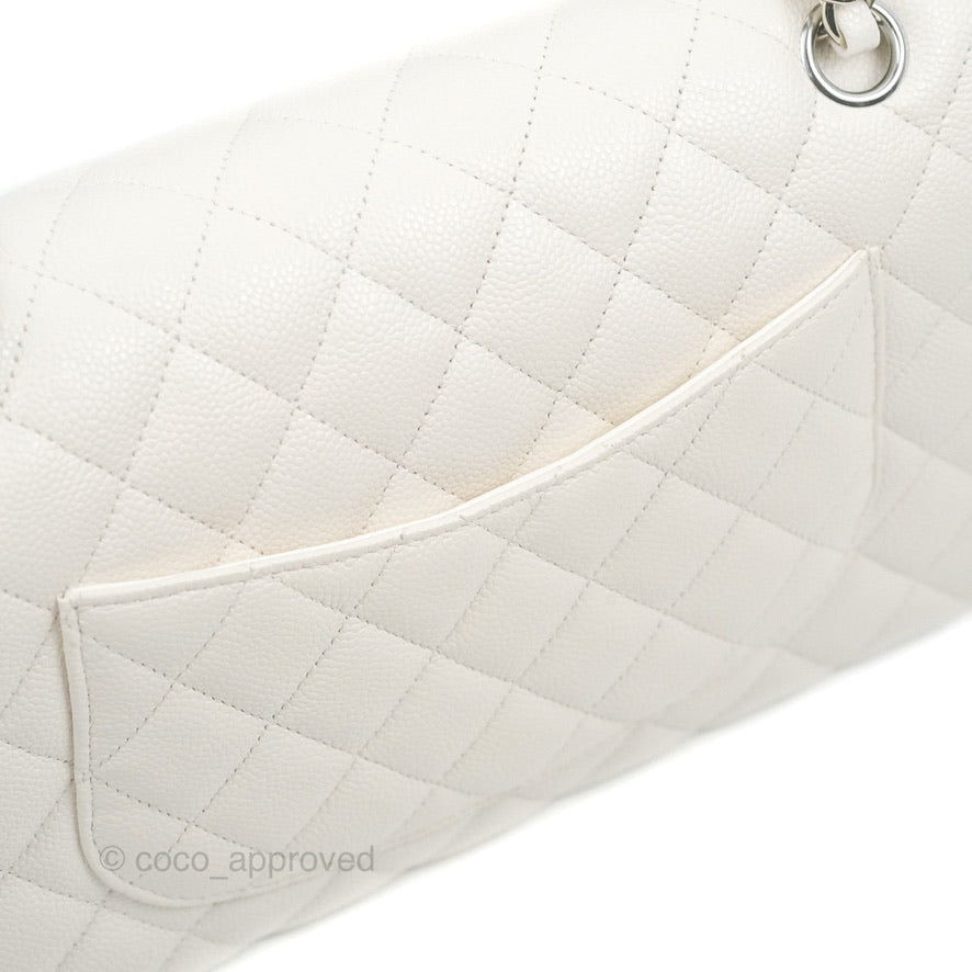 Chanel Classic M/L Medium Double Flap White Caviar Silver Hardware