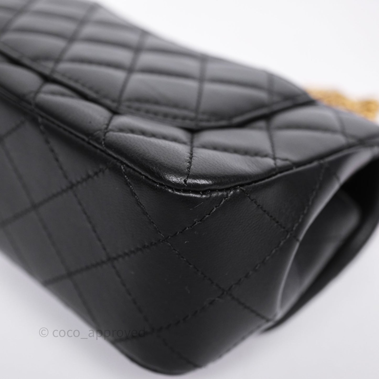 Chanel Mini Rectangular Flap with Camellia Adjustable Chain Black Lambskin Aged Gold Hardware