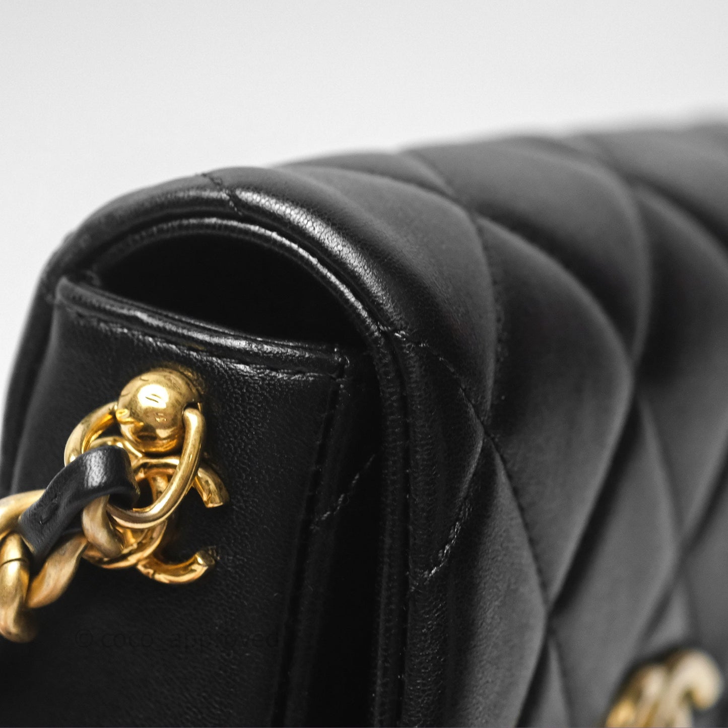 Chanel Logo Mini Square Flap Bag Black Lambskin Aged Gold Hardware 21B