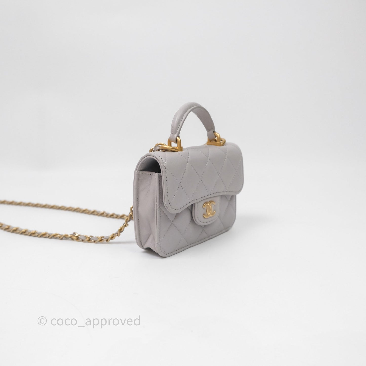 Chanel Mini Handle Flap Coin Purse With Chain Grey Lambskin Aged Gold Hardware