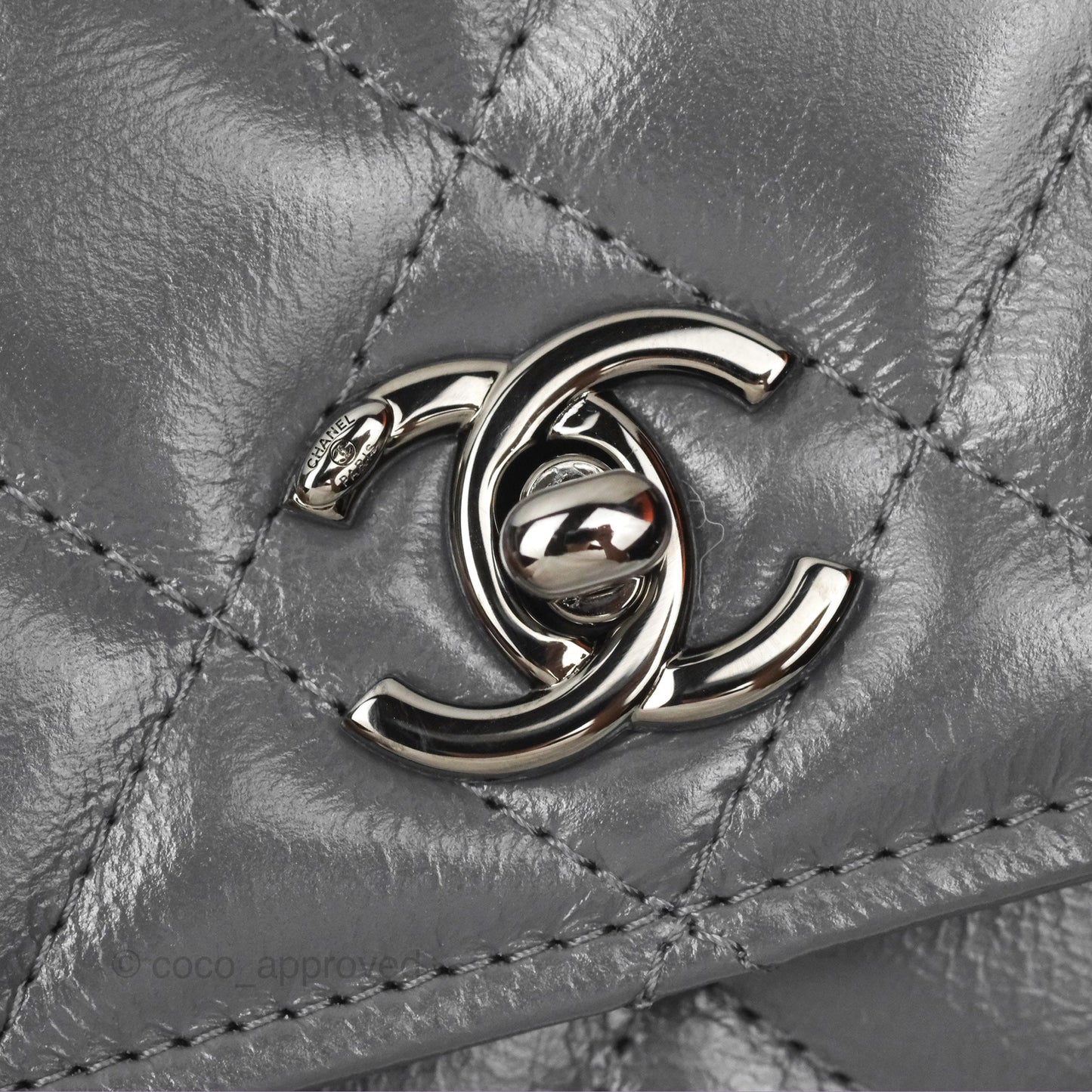 Chanel Top Handle Wallet On Chain WOC Dark Grey Calfskin Gun Metal 23K
