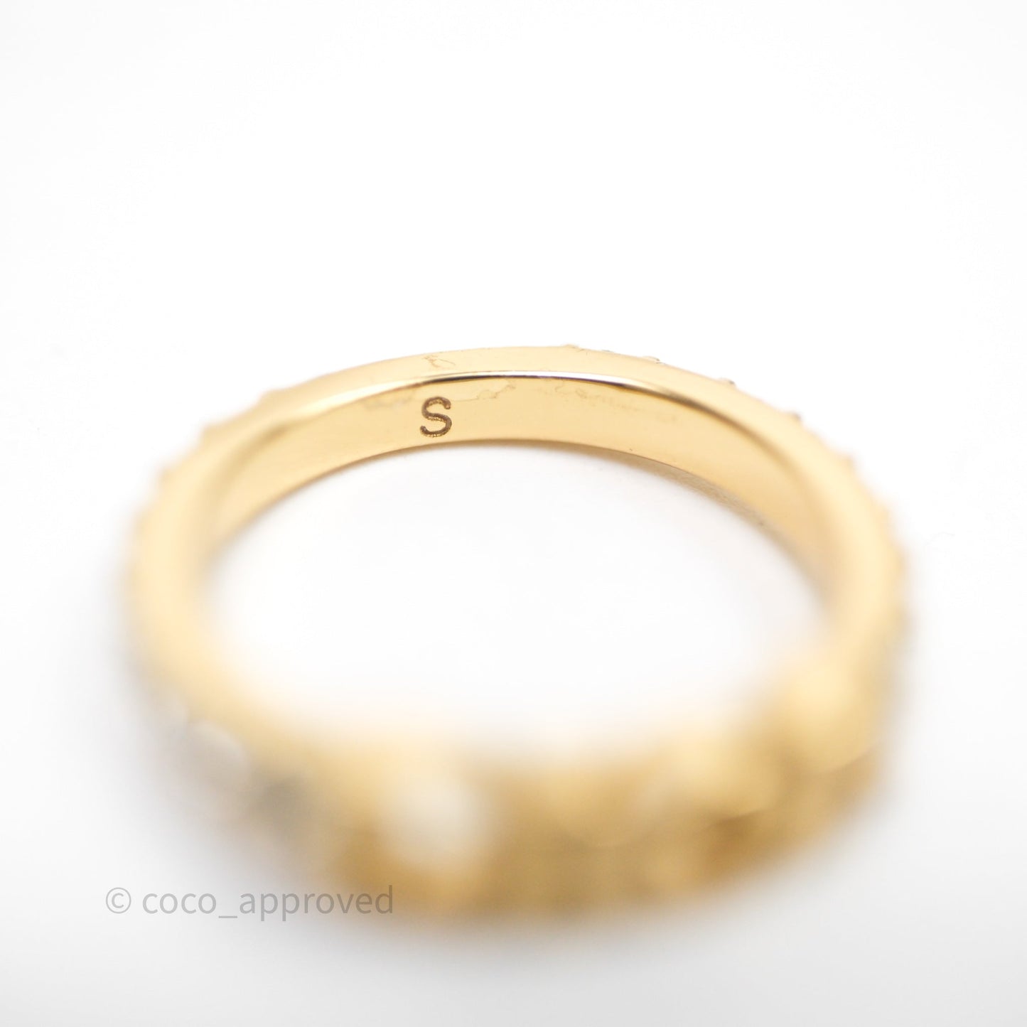 Christian Dior Crystal Logo Ring Gold Tone Size S