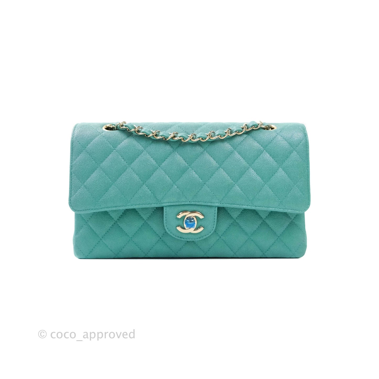 Chanel Classic M/L Medium Double Flap Iridescent Turquoise Caviar Gold Hardware 19S