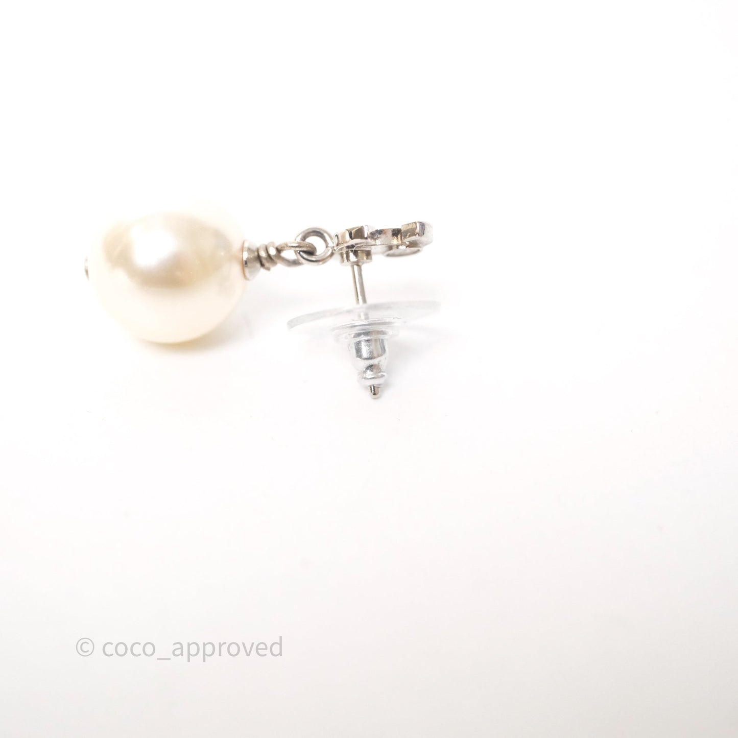 Chanel CC Crystal Pearl Drop Earrings Silver Tone 21V