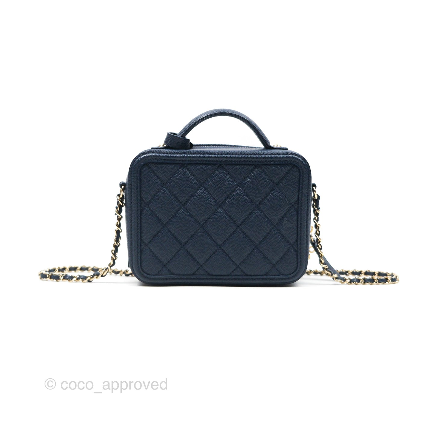 Chanel Quilted Small CC Filigree Vanity Case Navy Caviar Gold Hardware