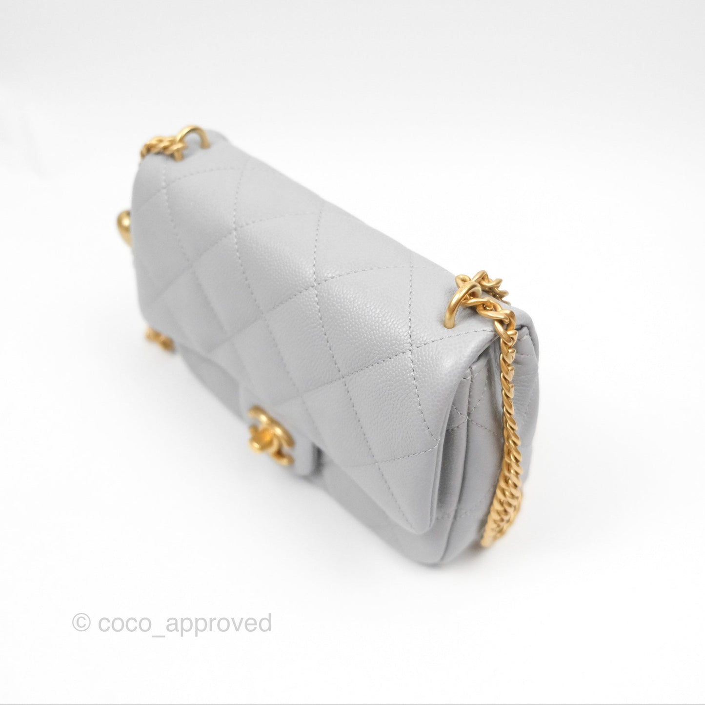 Chanel Mini Flap Bag Heart Adjustable Chain Grey Caviar Aged Gold Hardware
