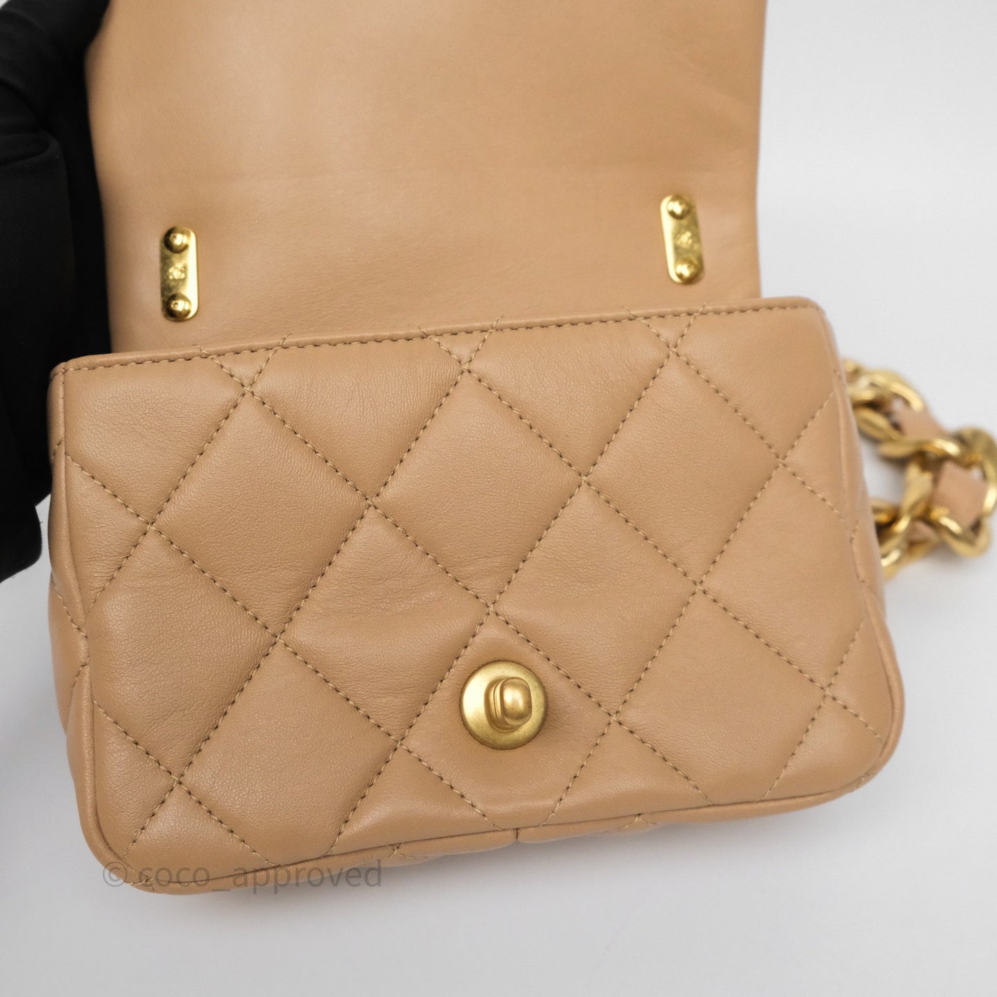 Chanel Mini CC Funky Town Flap Quilted Beige Lambskin Aged Gold Hardware