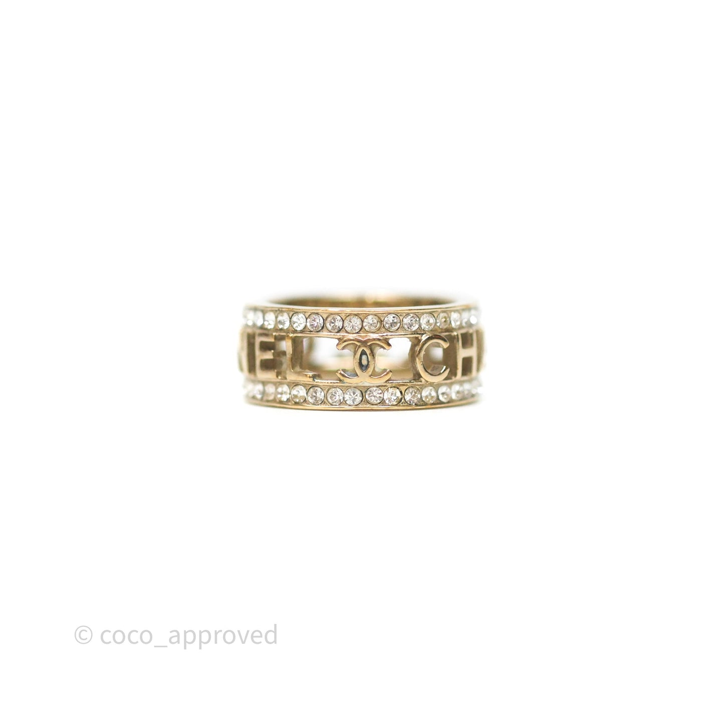 Chanel Crystal Logo Ring Gold Tone 20B