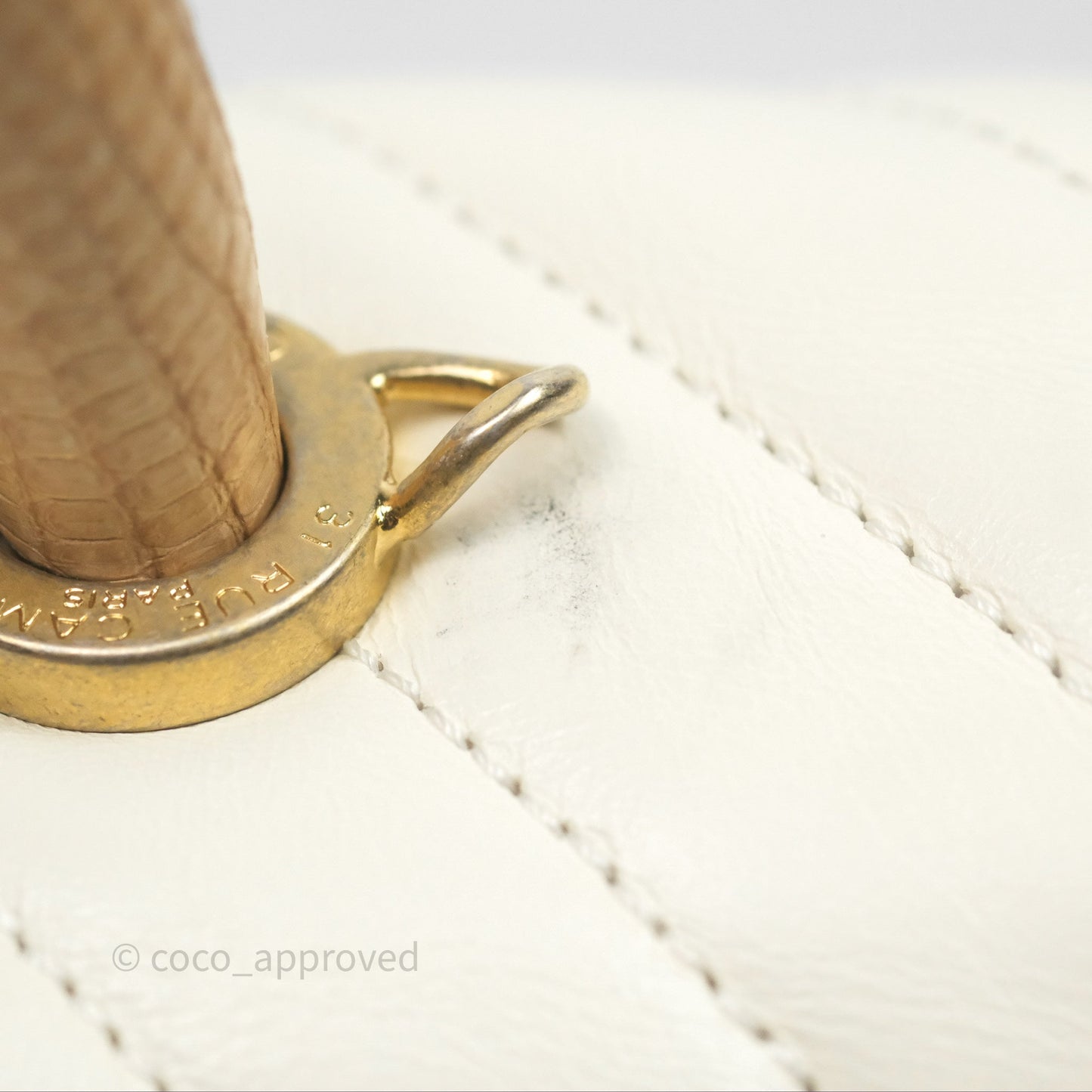 Chanel Medium Coco Handle Chevron Aged Calfskin Ivory Aged Gold Hardware Beige Lizard Handle