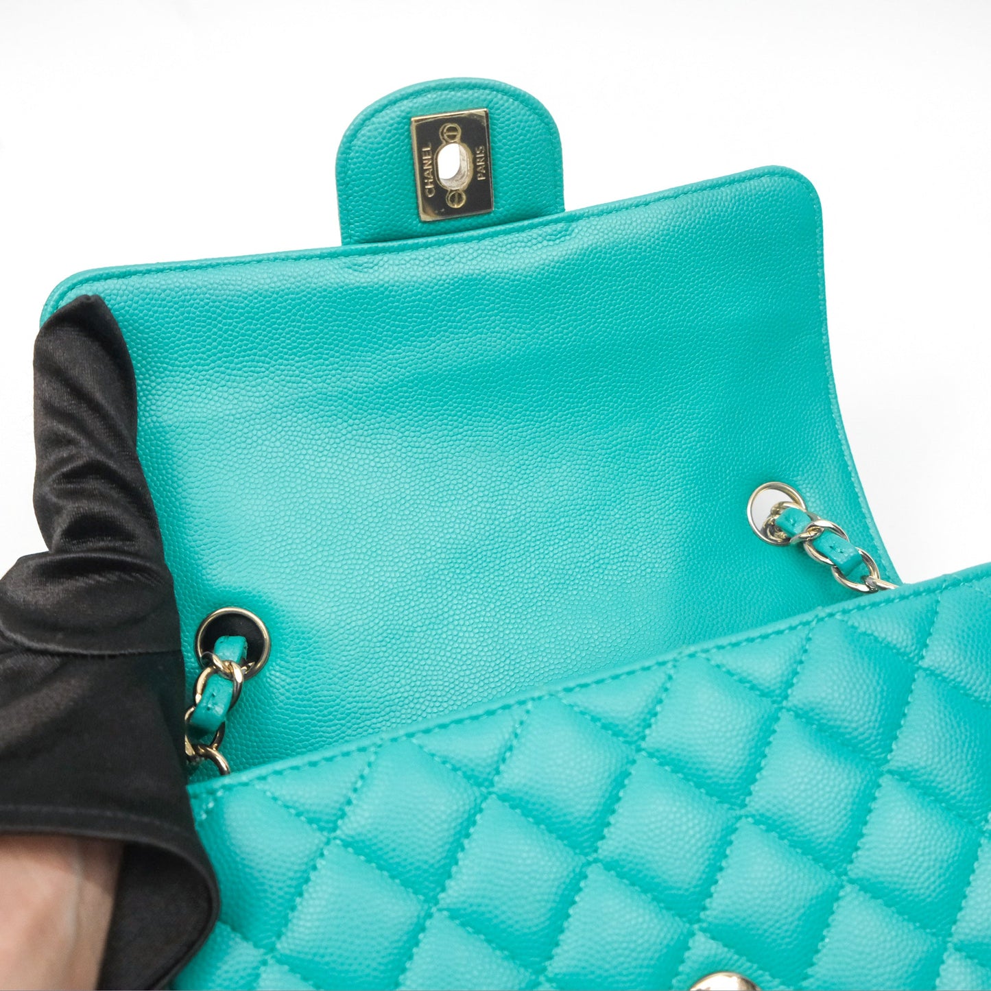 Chanel Mini Rectangular Flap Quilted Turquoise Caviar Gold Hardware