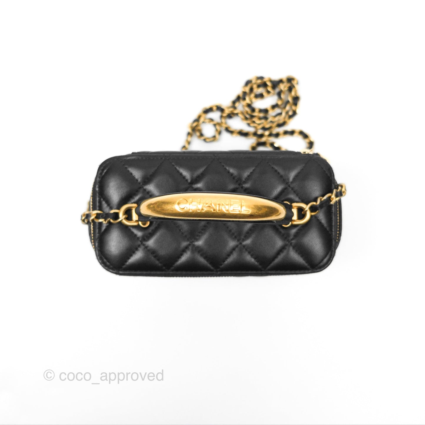 Chanel Vanity Rectangular Metal Top Handle Black Lambskin Aged Gold Hardware 22B