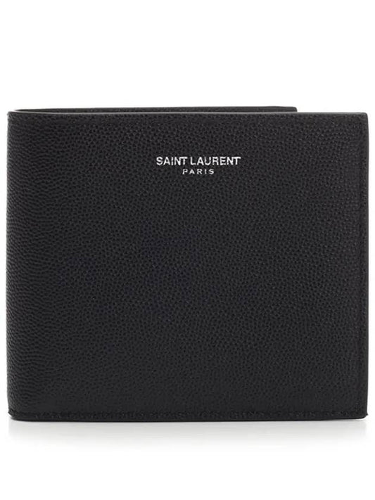 Luxury Saint Laurent Smooth Leather Classic Logo Half Wallet Black