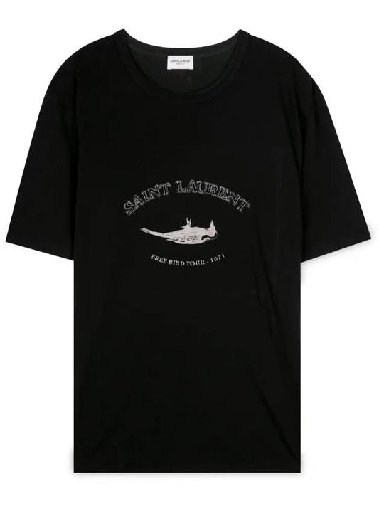 Luxury Saint Laurent Print Bird Round Short Sleeve T-Shirt Black