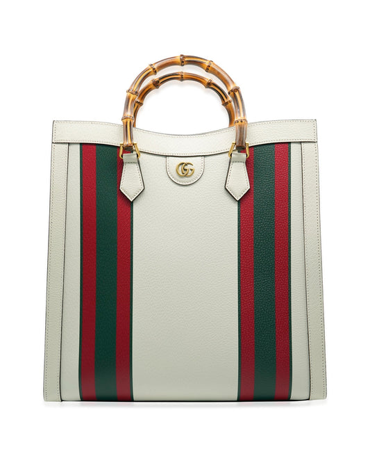 Luxury Gucci Trending 2025 White Textured Dollar Calfskin Web Large Diana Tote