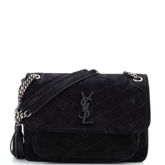 Luxury Saint Laurent Niki Chain Flap Bag Matelasse Chevron Suede Medium