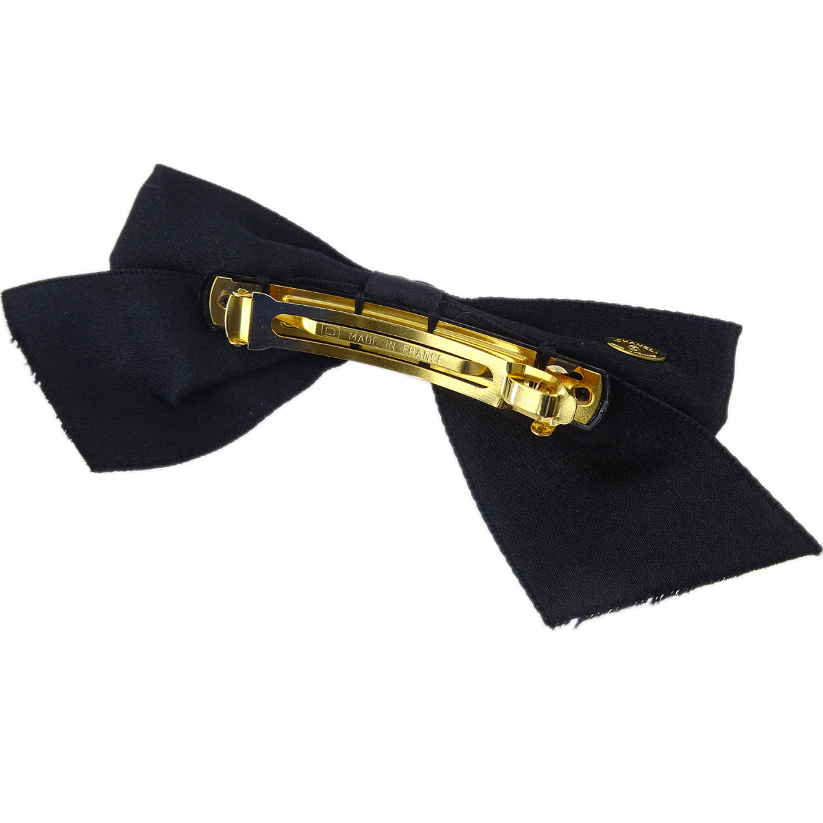 Luxury Chanel Turnlock Bow Satin Hair Barrette Black