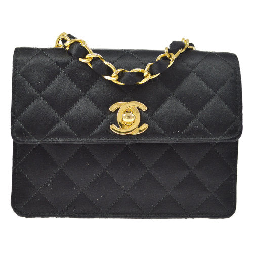 Luxury Chanel 1989-1991 Straight Flap Bag Micro Black Satin