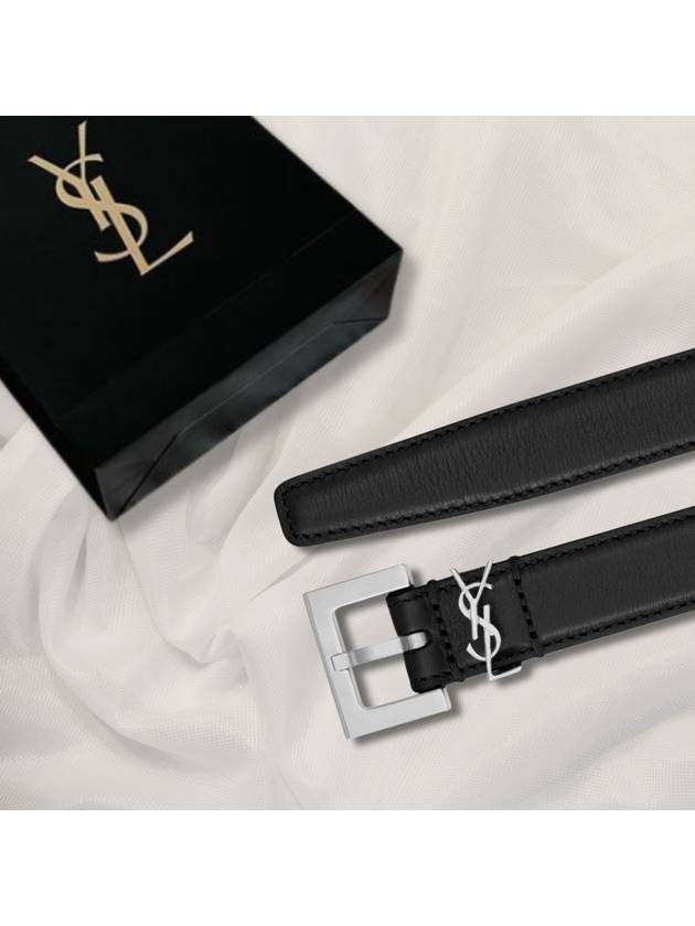 Luxury Saint Laurent Square Buckle Cassandre Thin Leather Belt Black