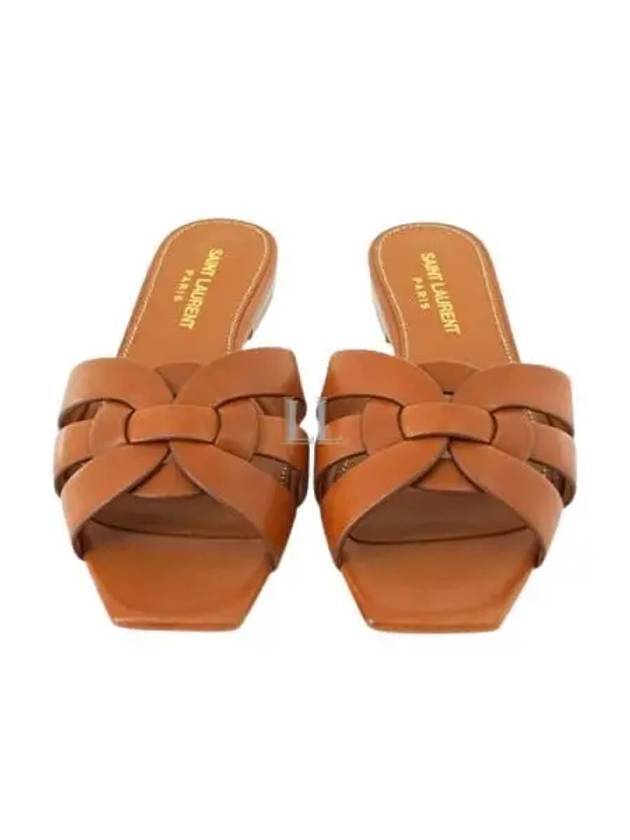 Luxury Saint Laurent Tribute Smooth Leather Flat Mules Amber