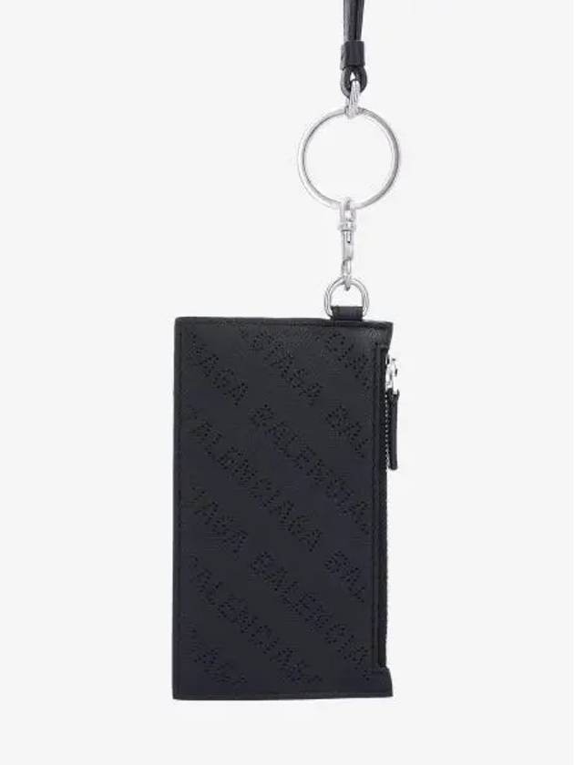 Luxury Balenciaga Logo Perforated Neck Strap Card Wallet Black
