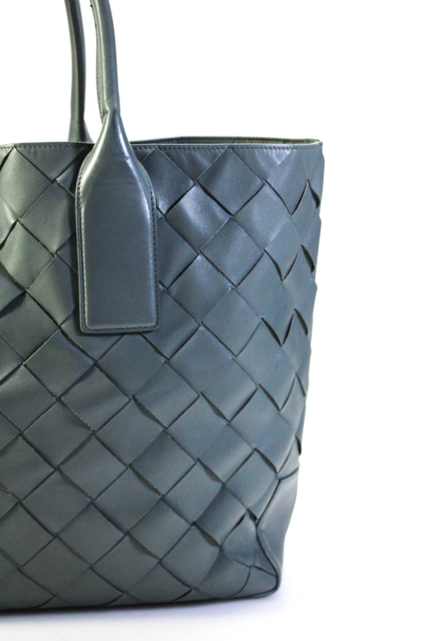 Luxury Bottega Veneta Womens Lambskin Large Cabat Tote Handbag Teal Gray