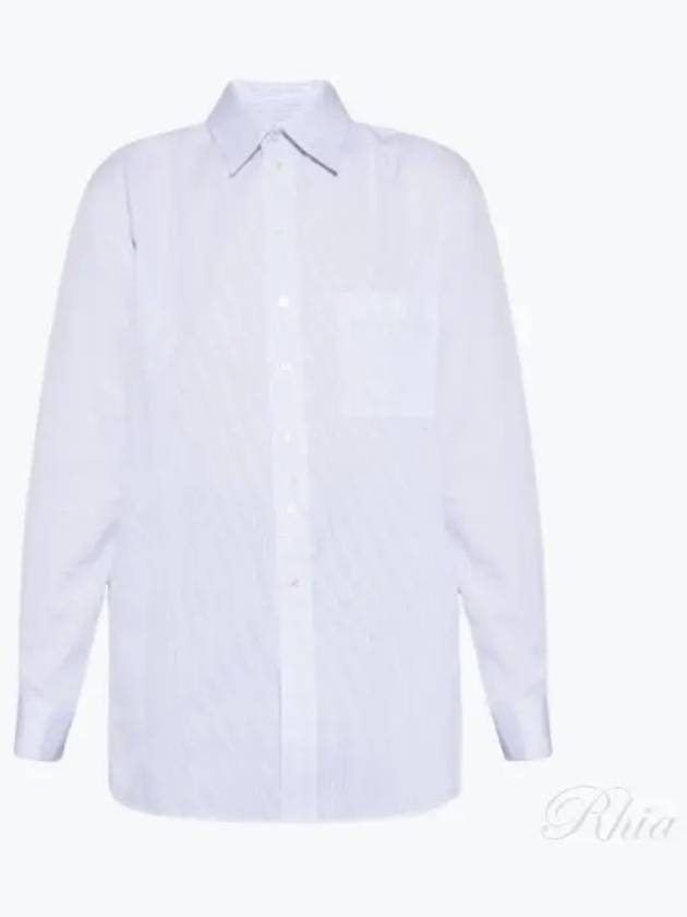 Luxury Saint Laurent Striped Cotton Poplin Monogram Long Sleeve Shirt Blan Bleu