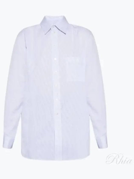 Luxury Saint Laurent Striped Cotton Poplin Monogram Long Sleeve Shirt Blan Bleu