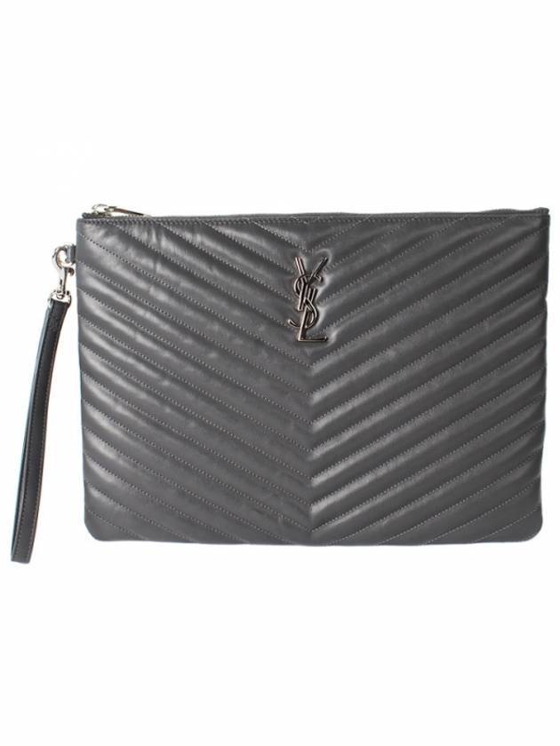 Luxury Saint Laurent Monogram Cassandre Matelasse Silver Leather Clutch Bag Grey