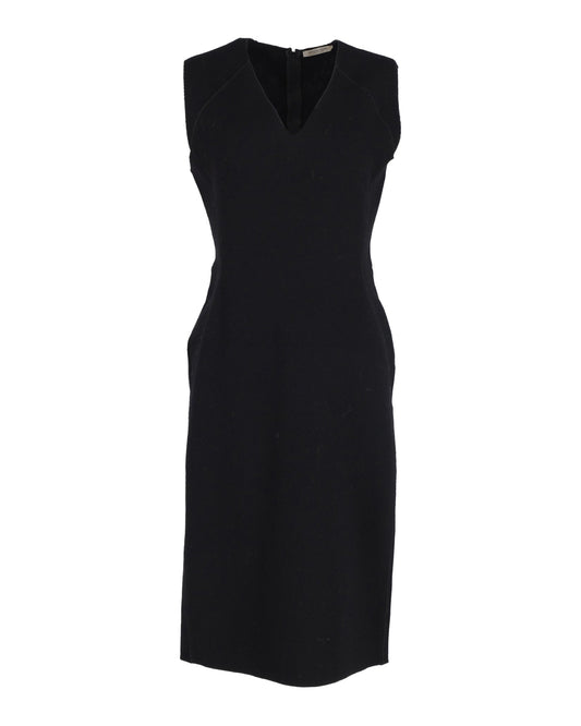 Luxury Bottega Veneta V-neck Sheath Dress in Black Wool