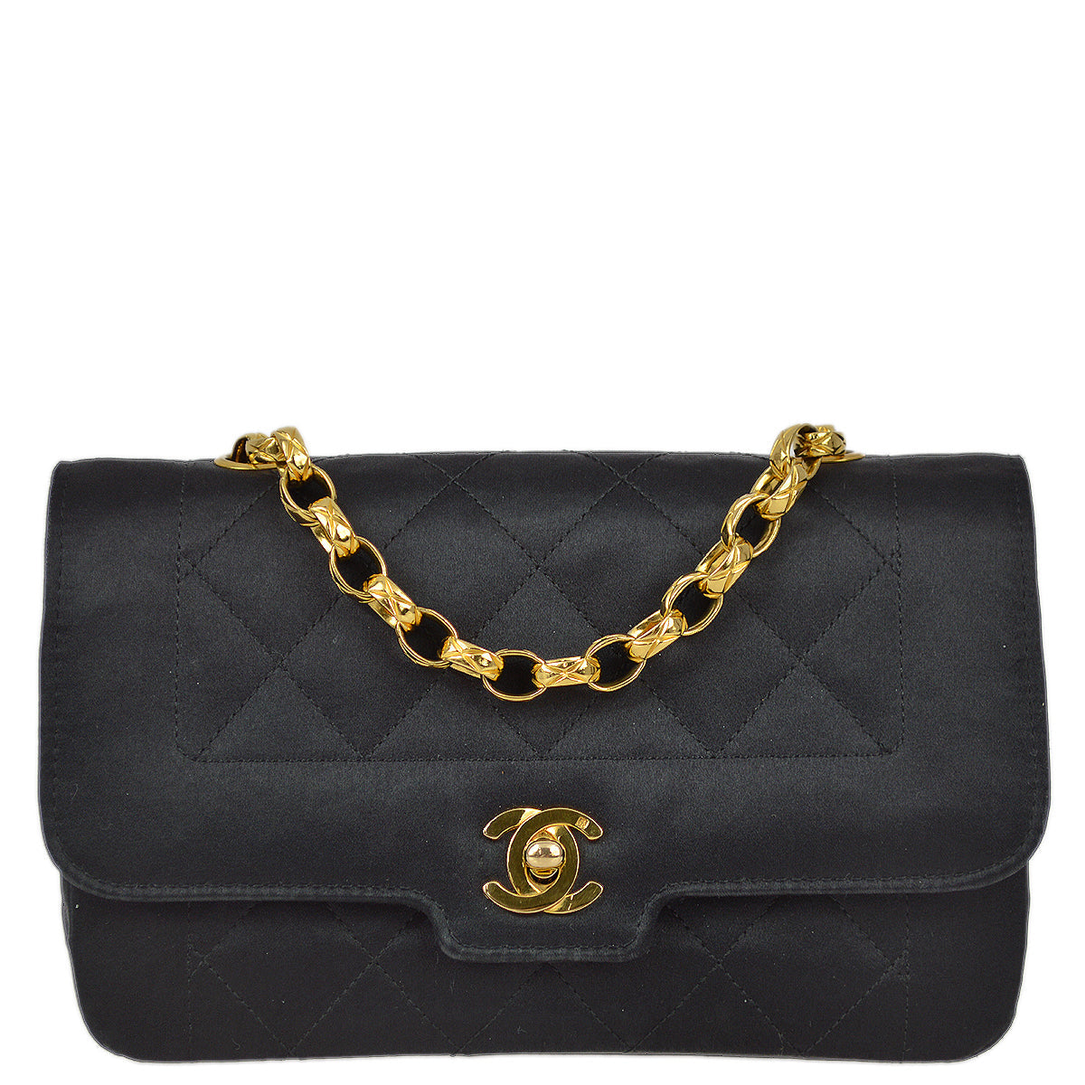 Chanel 1989-1991 Black Satin Mini Border Flap Shoulder Bag
