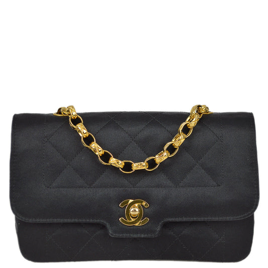 Chanel 1989-1991 Black Satin Mini Border Flap Shoulder Bag