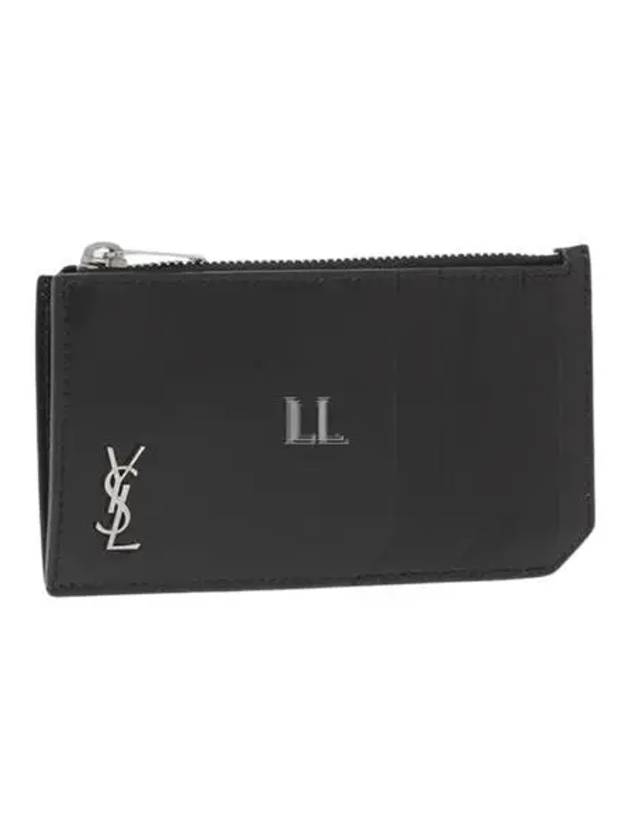 Luxury Saint Laurent Tiny Cassandre Fragments Silver Hardware Leather Zipper Card Wallet Black