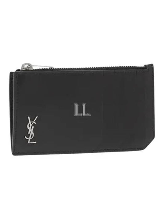 Luxury Saint Laurent Tiny Cassandre Fragments Silver Hardware Leather Zipper Card Wallet Black