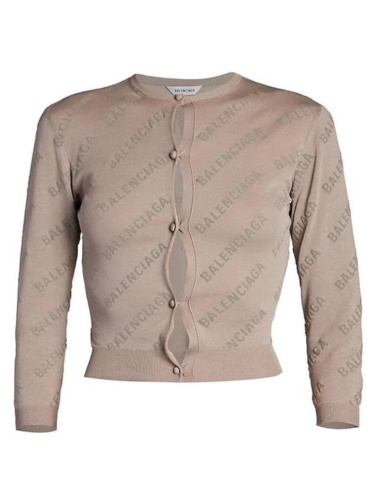 Luxury Balenciaga All-Over Logo Print Cotton Crop Cardigan Beige