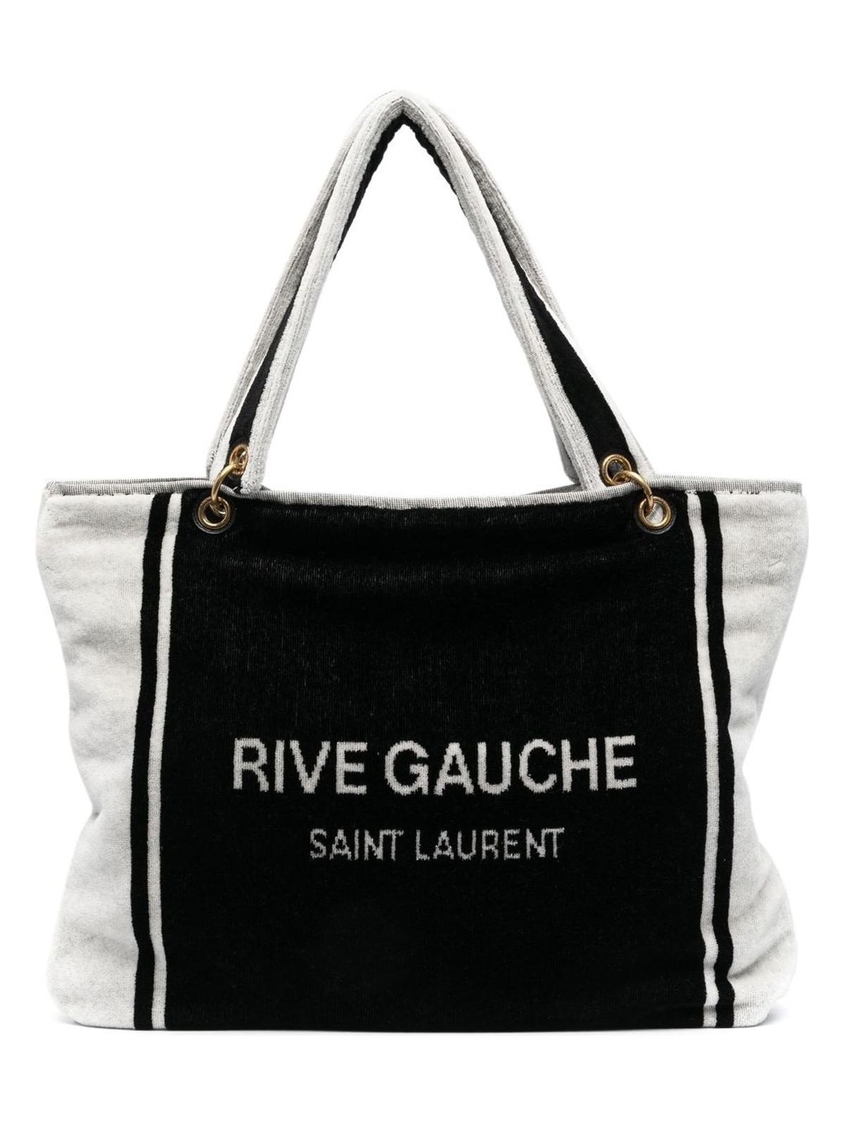 Luxury Saint Laurent Women's Rive Gauche Tote In And White Terry Cloth in Black | 735067FABKR