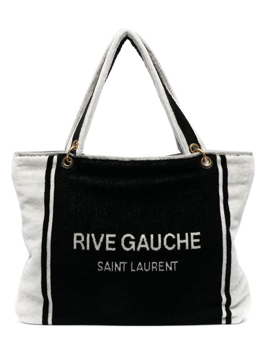 Luxury Saint Laurent Women's Rive Gauche Tote In And White Terry Cloth in Black | 735067FABKR