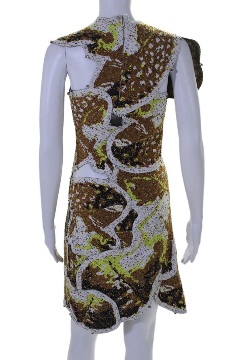 Luxury Bottega Veneta Womens Back Zip Beaded Abstract Knit Dress Brown White