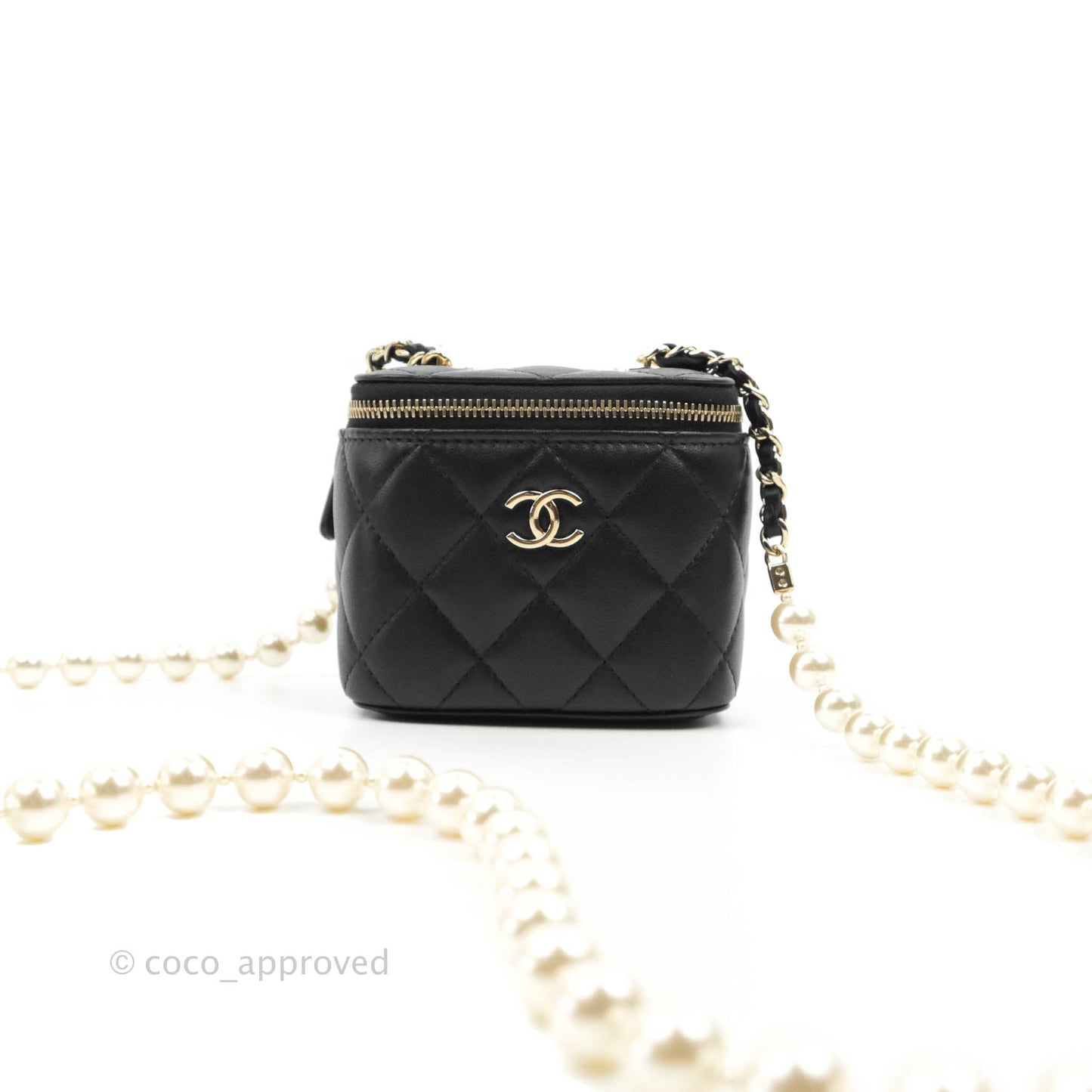 Chanel Mini Vanity With Pearl Chain Black Lambskin Gold Hardware