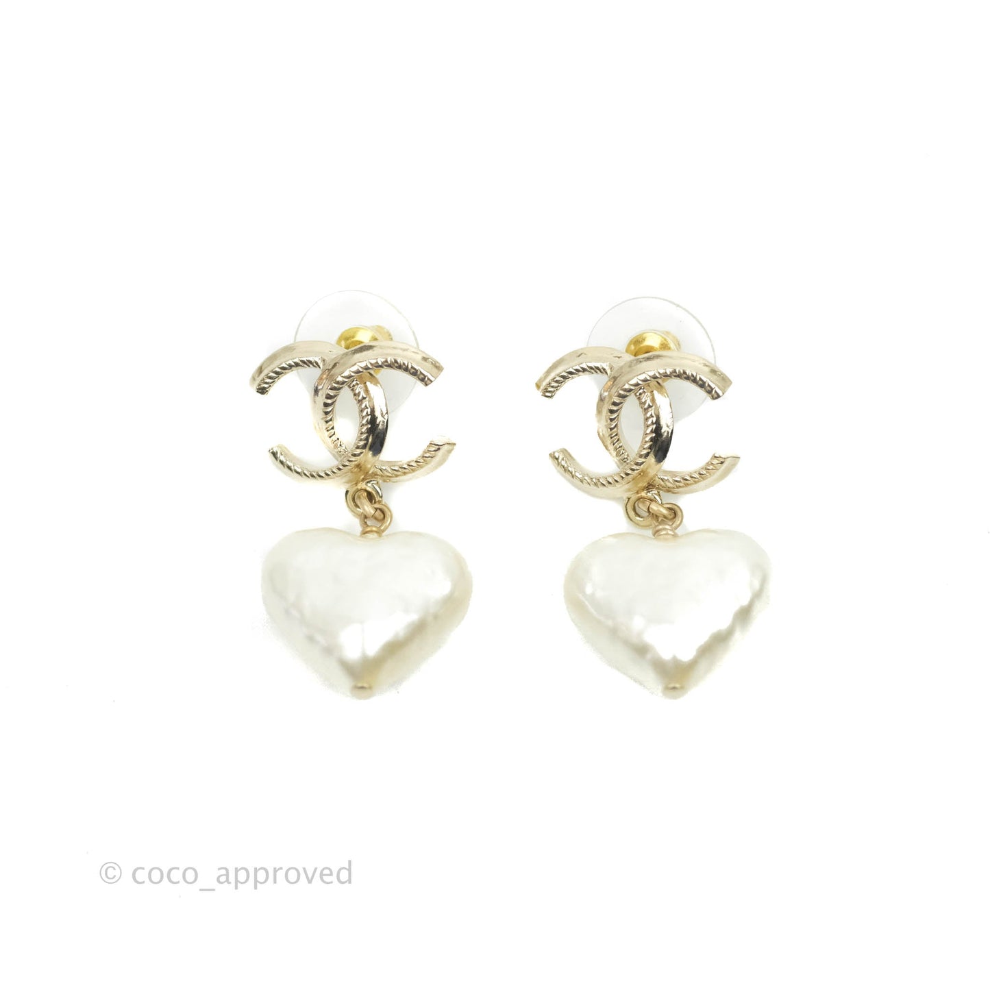 Chanel CC Pearl Heart Drop Earrings Gold Tone 22C