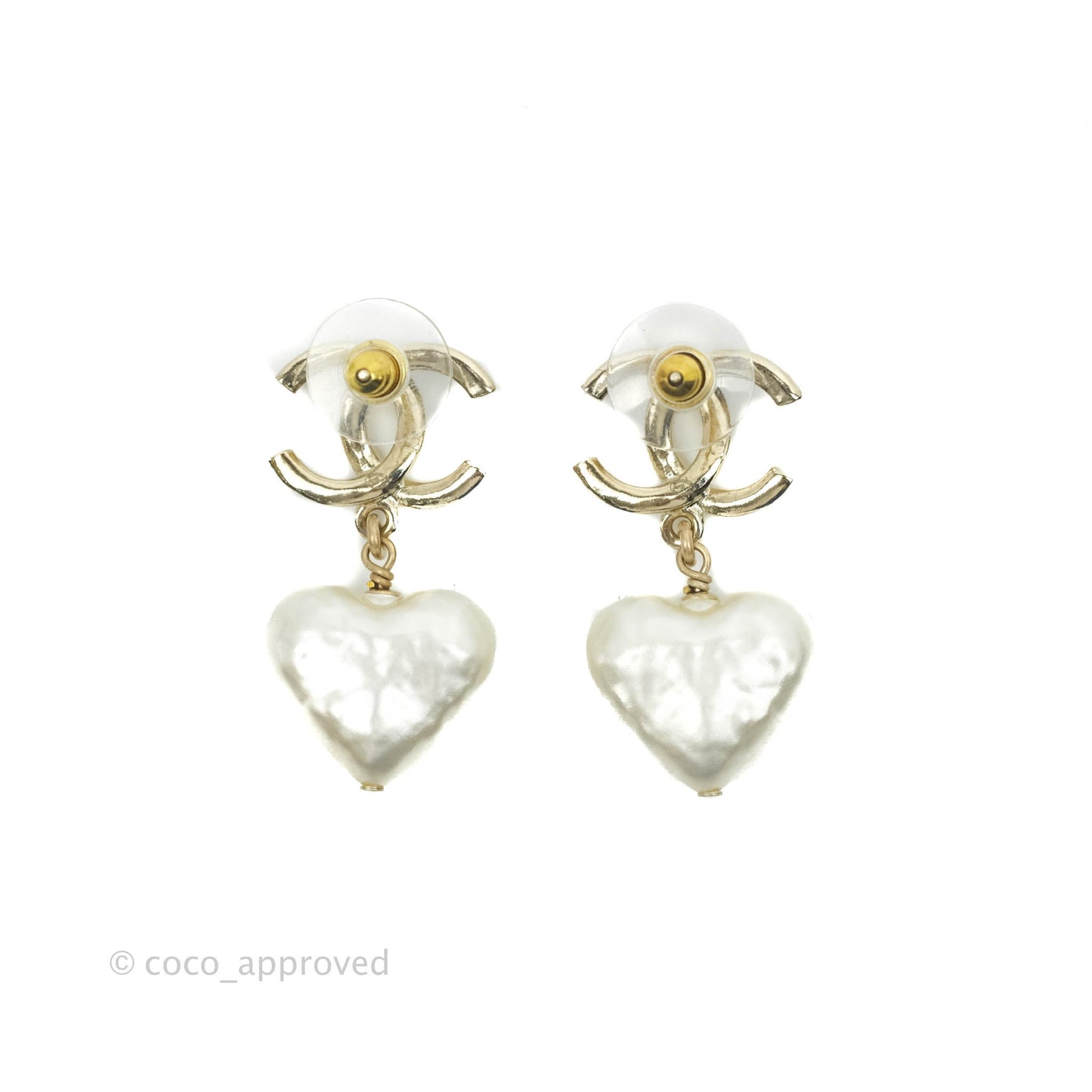 Chanel CC Pearl Heart Drop Earrings Gold Tone 22C