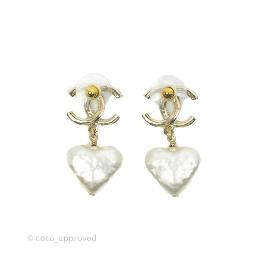 Chanel CC Pearl Heart Drop Earrings Gold Tone 22C